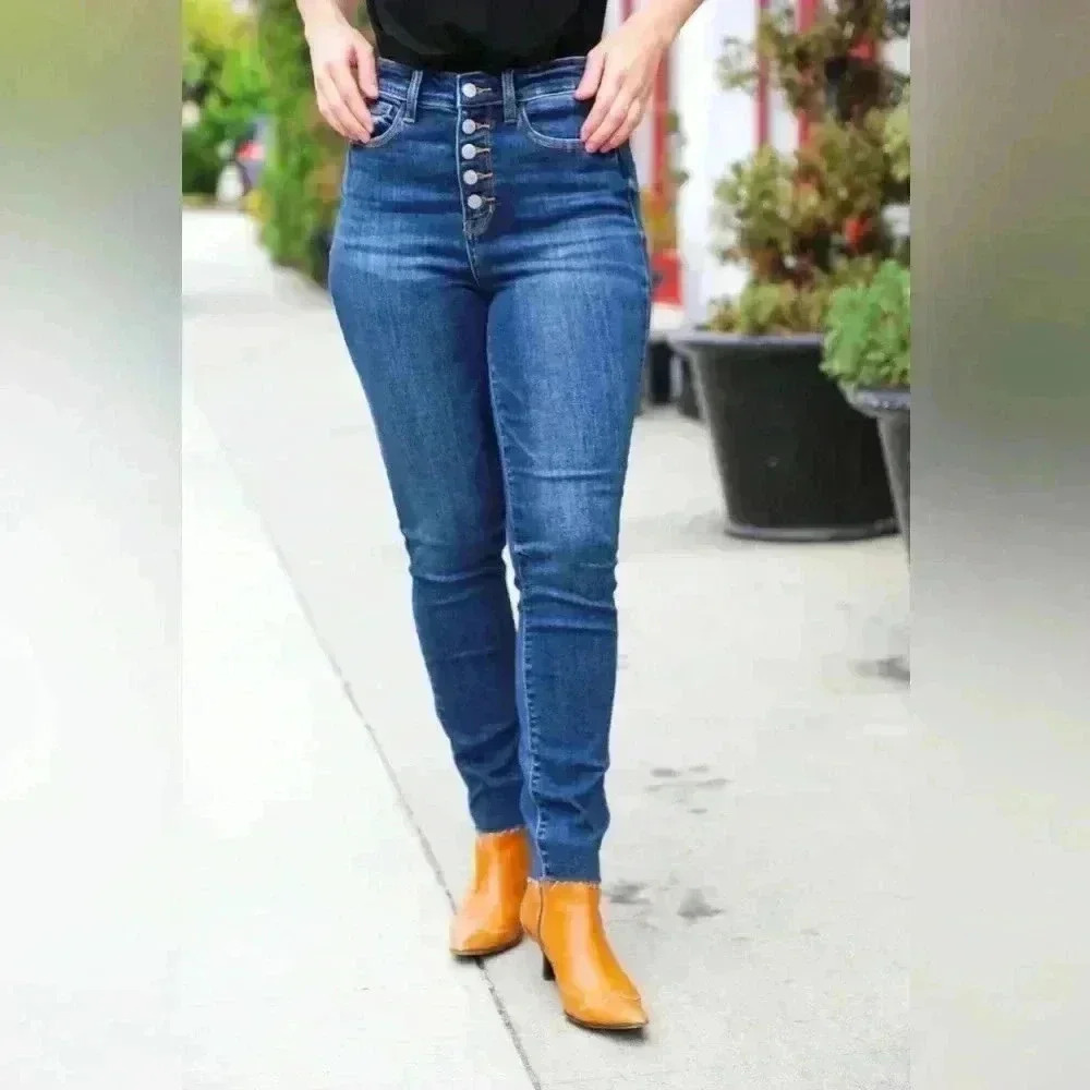 Stand Out Dark Denim High Rise Skinny Fit Button Fly Jeans